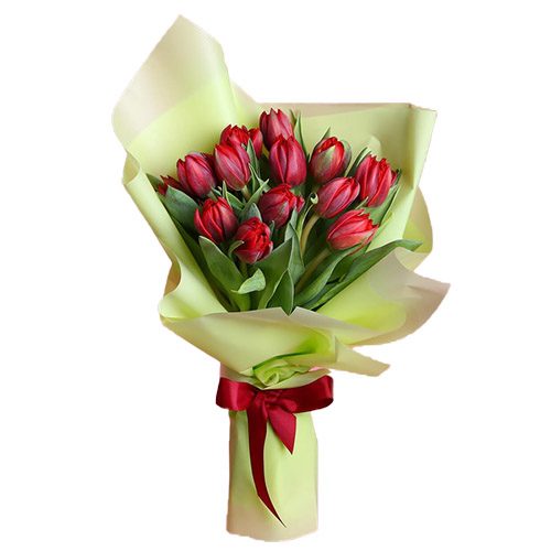 Фото товара 15 красных тюльпанов в зелёной упаковке в Покровске
