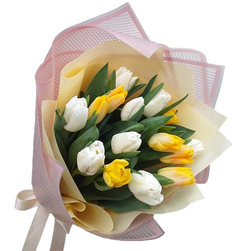 Фото товара 15 бело-жёлтых тюльпанов в Покровске