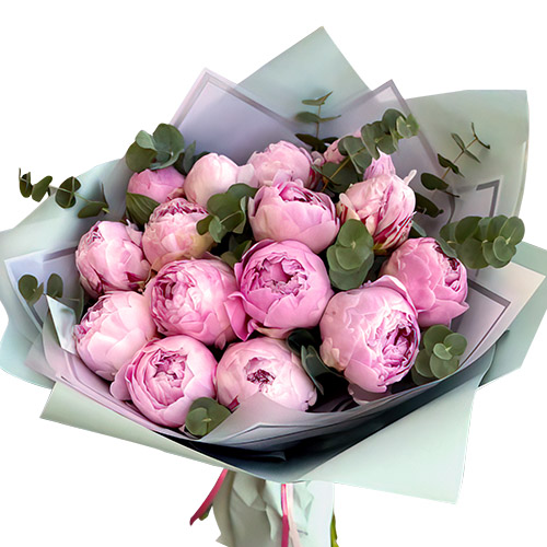 Фото товара 15 светло-розовых пионов с зеленью в Покровске