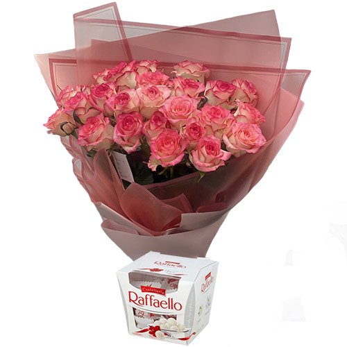 Фото товара 25 рожевих троянд із цукерками в Покровске
